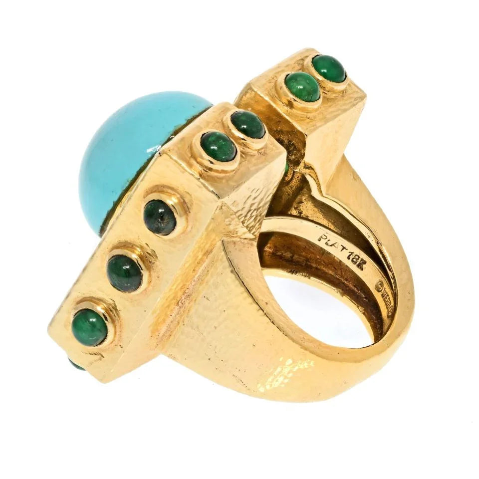 David Webb Platinum & 18K Yellow Gold Turquoise Diamond Emerald Oversized Ring - The Back Vault