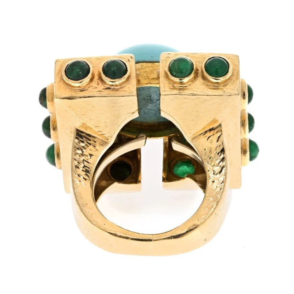 David Webb Platinum & 18K Yellow Gold Turquoise Diamond Emerald Oversized Ring - The Back Vault