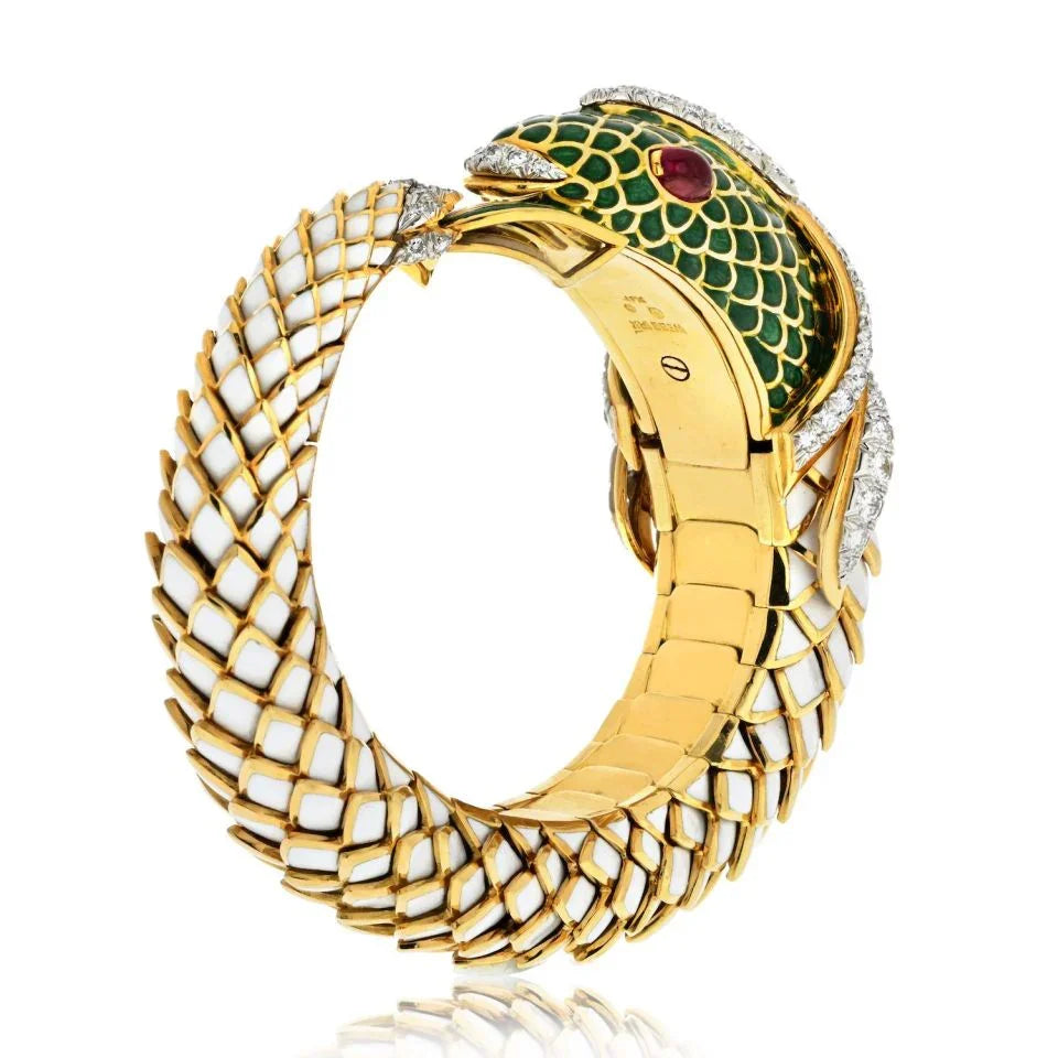 David Webb Platinum & 18K Yellow Gold Koi Fish White Enamel, Green Enamel And Diamond Bracelet - The Back Vault