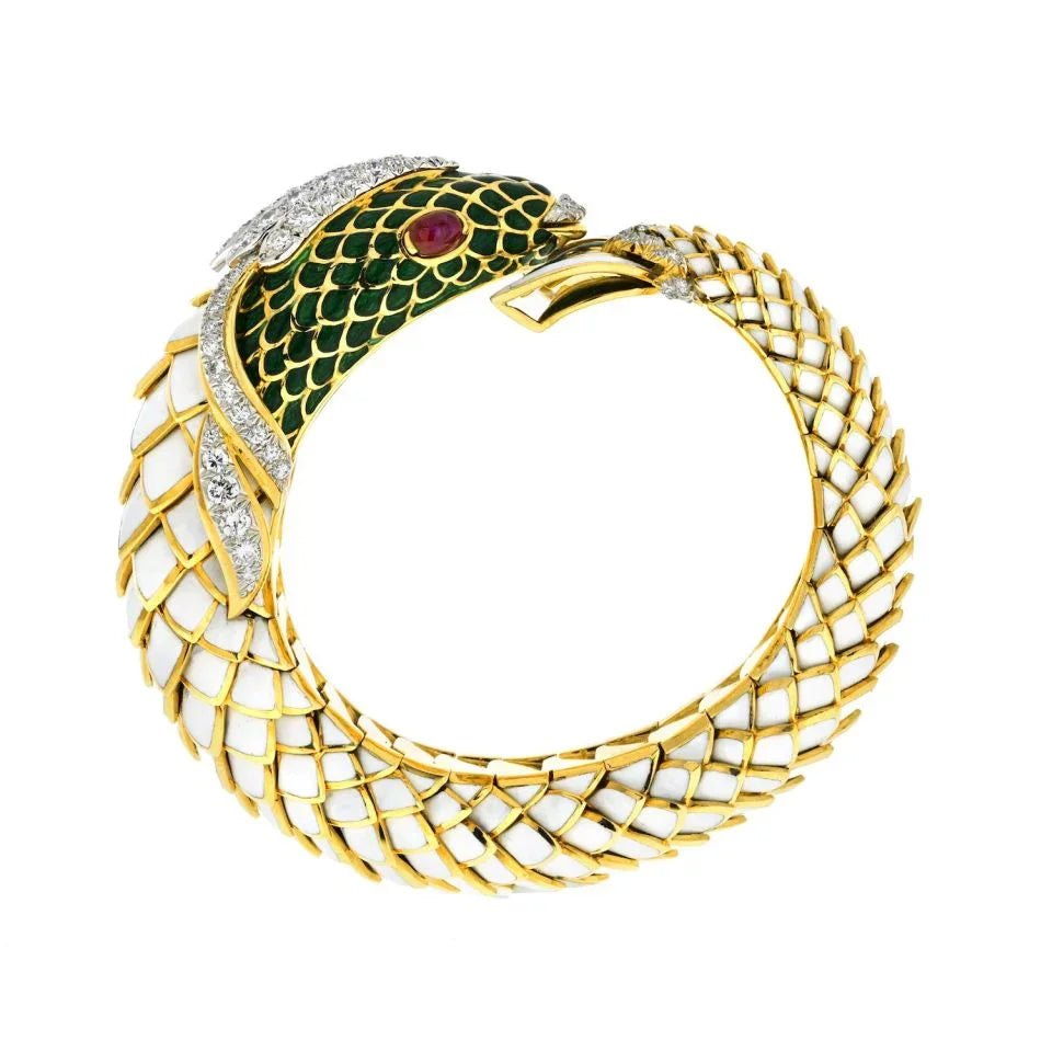 David Webb Platinum & 18K Yellow Gold Koi Fish White Enamel, Green Enamel And Diamond Bracelet - The Back Vault