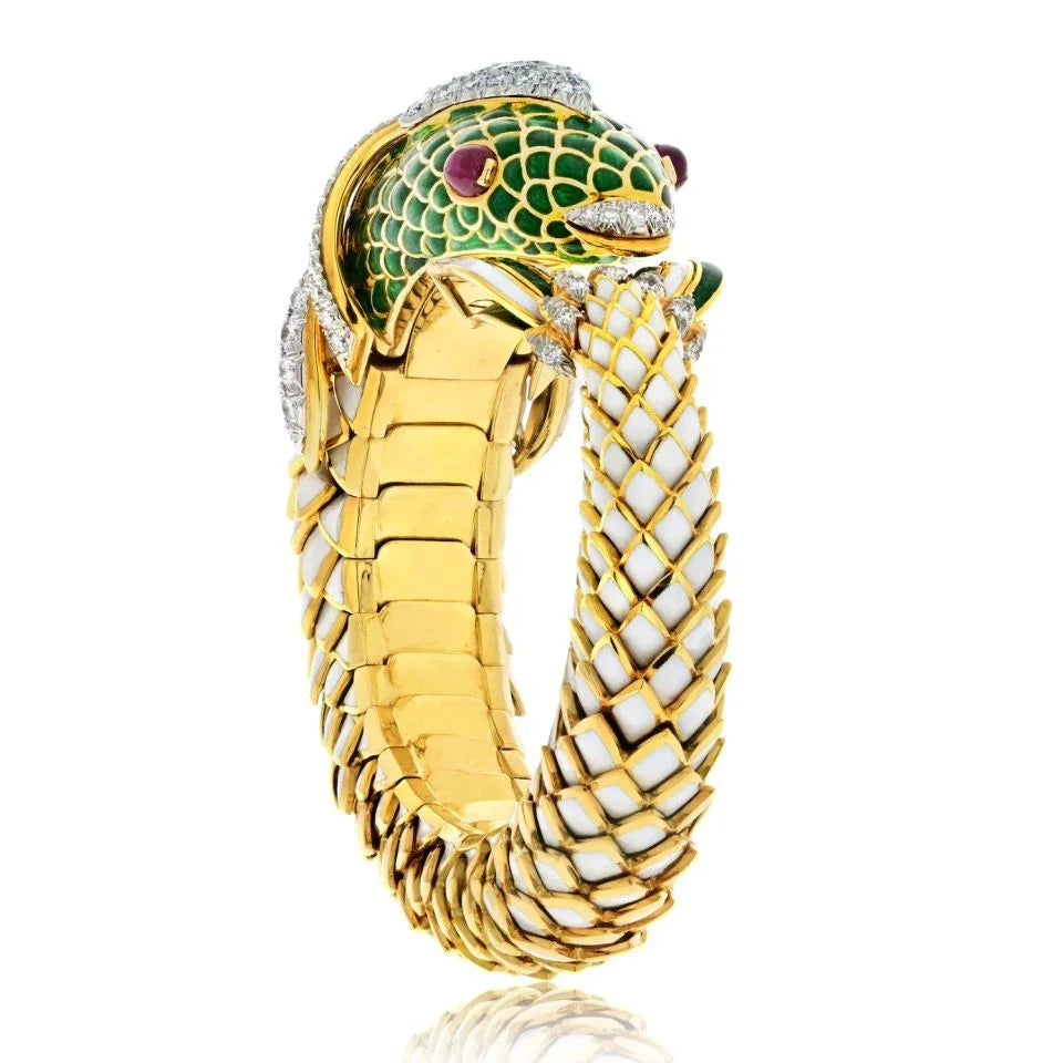 David Webb Platinum & 18K Yellow Gold Koi Fish White Enamel, Green Enamel And Diamond Bracelet - The Back Vault