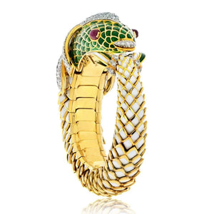 David Webb Platinum & 18K Yellow Gold Koi Fish White Enamel, Green Enamel And Diamond Bracelet