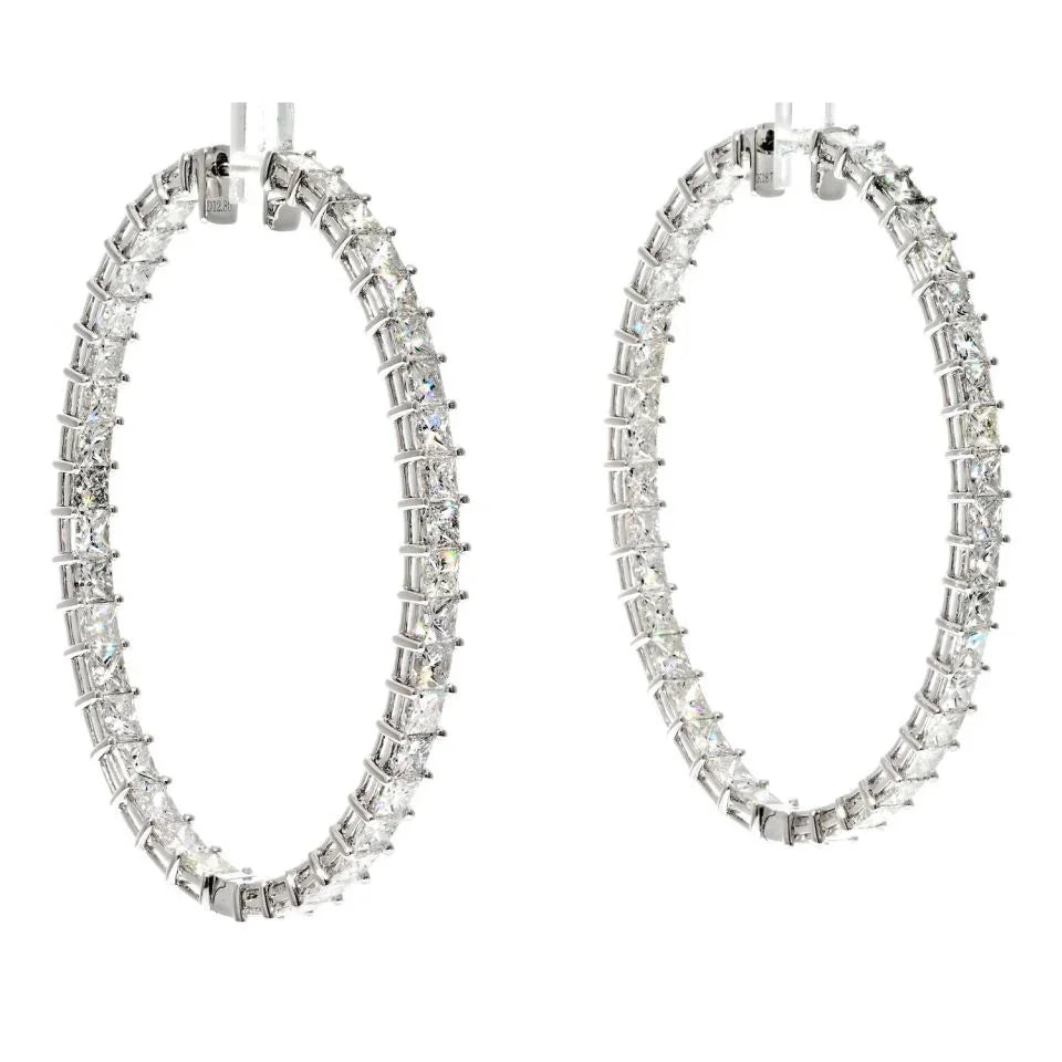 18K White Gold 12.80cttw Princess Cut Diamond Hoop Earrings - The Back Vault