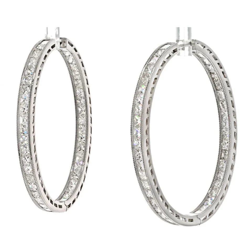 18K White Gold 10.71cttw Inside Out Princess Cut Diamond Hoop Earrings - The Back Vault