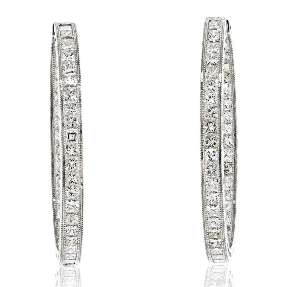 18K White Gold 10.71cttw Inside Out Princess Cut Diamond Hoop Earrings - The Back Vault