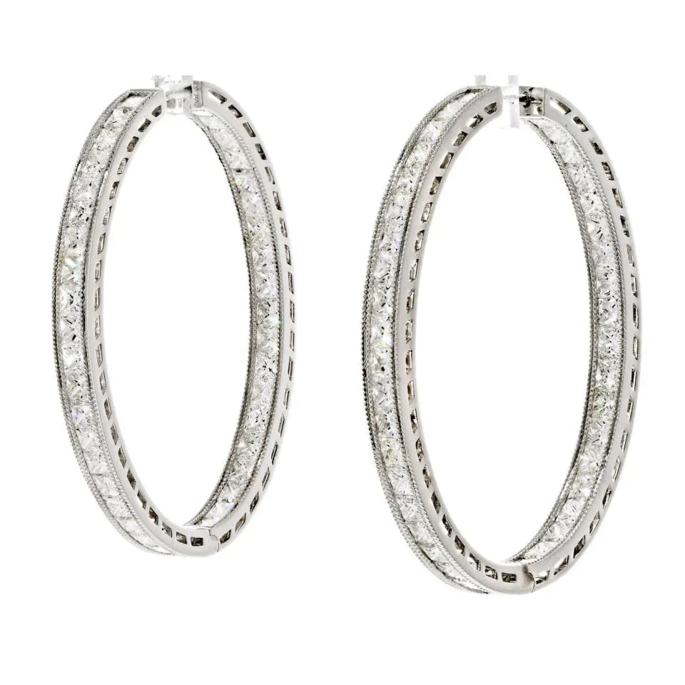 18K White Gold 12.87cttw Princess Cut Diamond Inside Out Hoop Earrings - The Back Vault