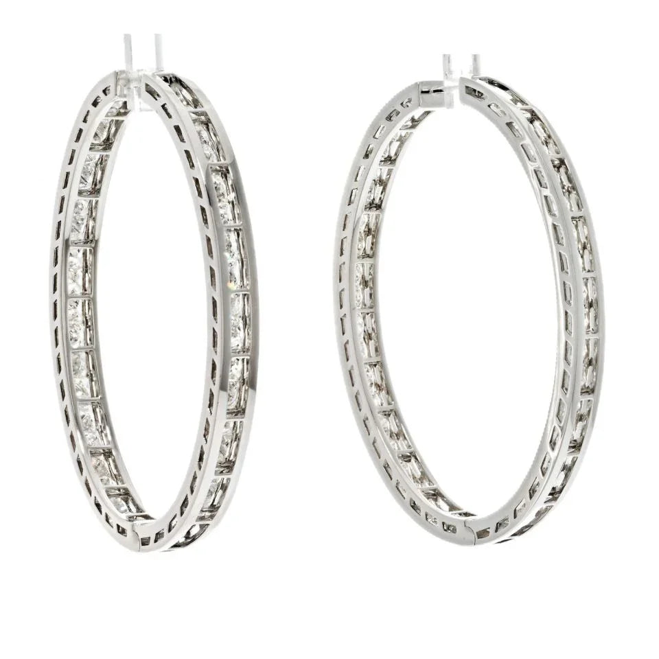18K White Gold 12.87cttw Princess Cut Diamond Inside Out Hoop Earrings - The Back Vault