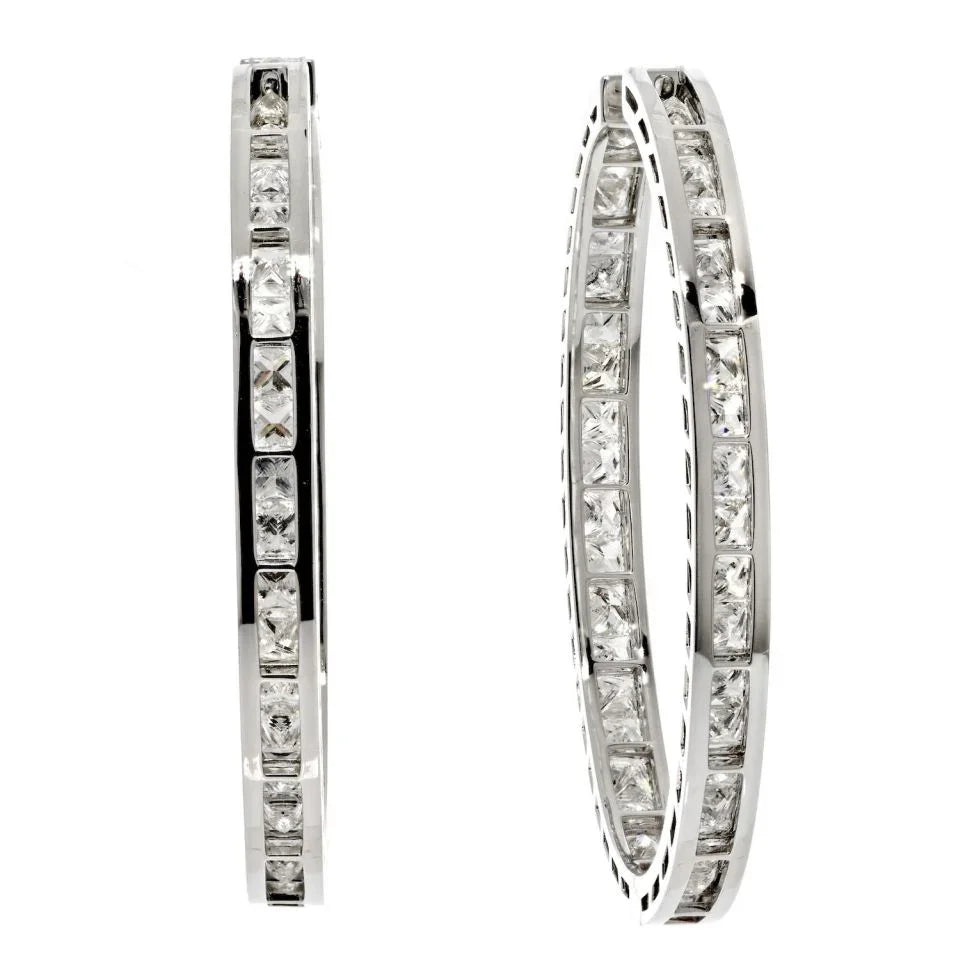 18K White Gold 12.87cttw Princess Cut Diamond Inside Out Hoop Earrings - The Back Vault