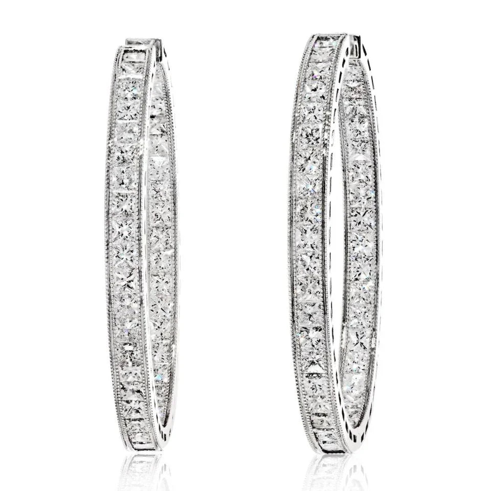 18K White Gold 12.87cttw Princess Cut Diamond Inside Out Hoop Earrings - The Back Vault