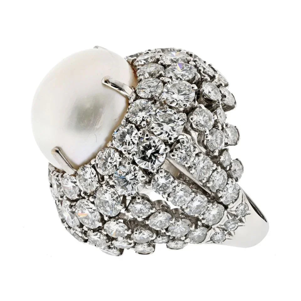 David Webb Platinum Diamond And South Sea Pearl Cocktail Ring - The Back Vault
