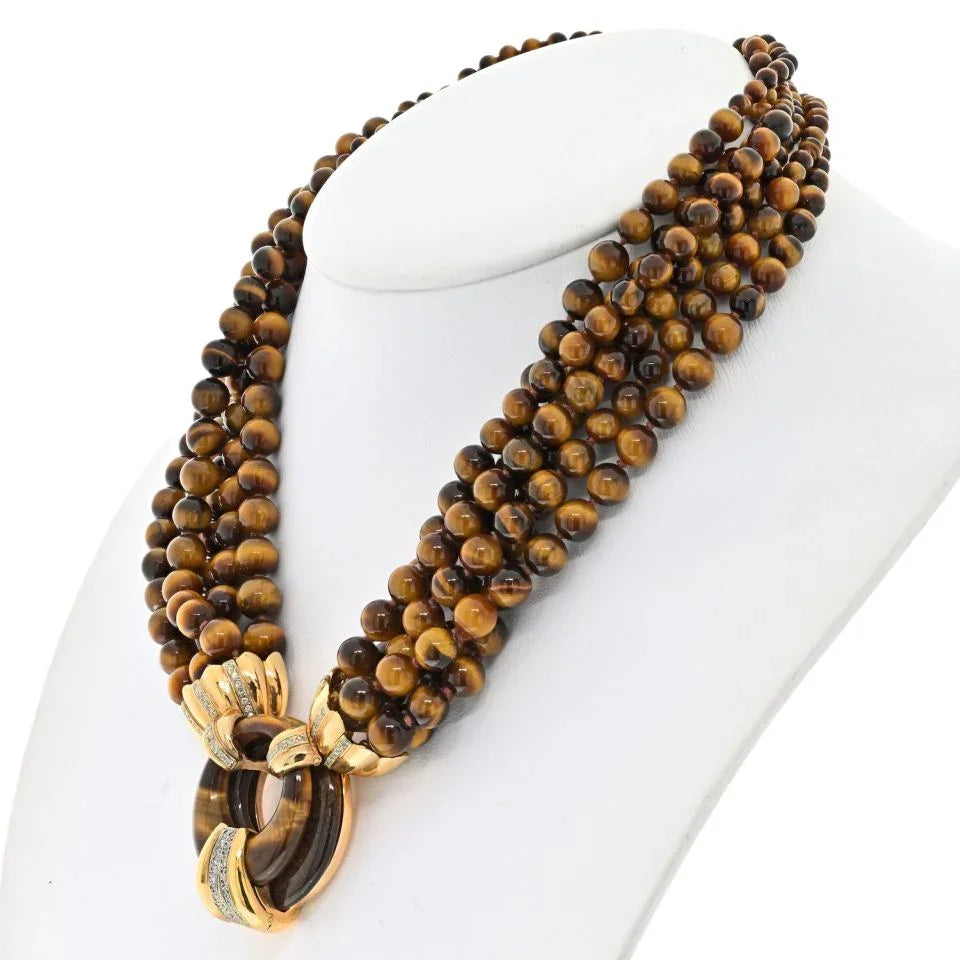 14K Yellow Gold Tiger Eye Multi-Strand Bead Diamond Necklace - The Back Vault