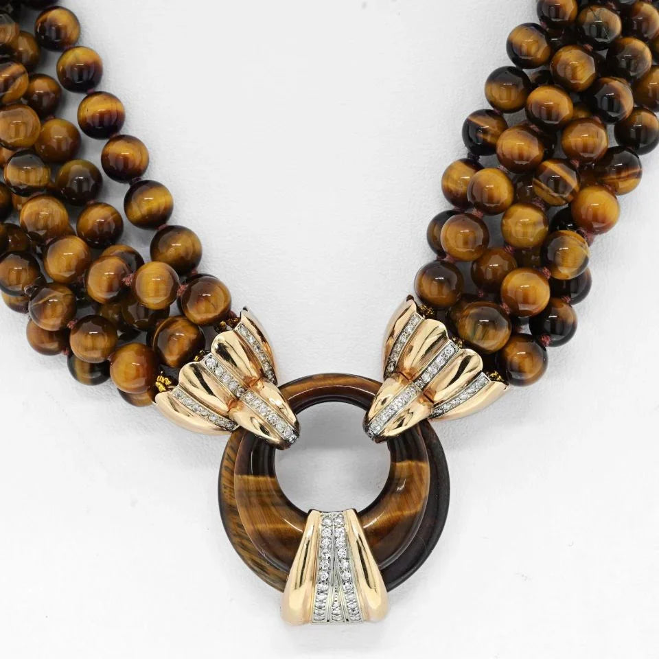 14K Yellow Gold Tiger Eye Multi-Strand Bead Diamond Necklace - The Back Vault