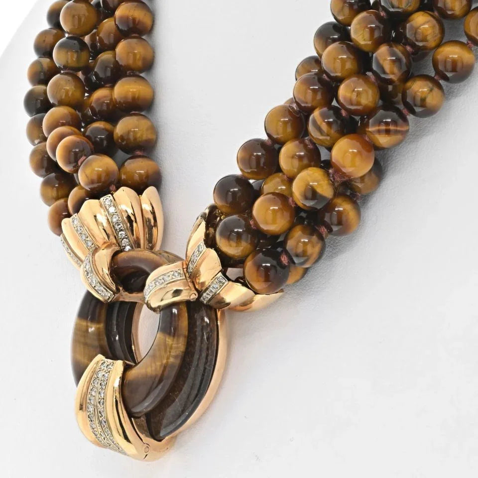 14K Yellow Gold Tiger Eye Multi-Strand Bead Diamond Necklace - The Back Vault