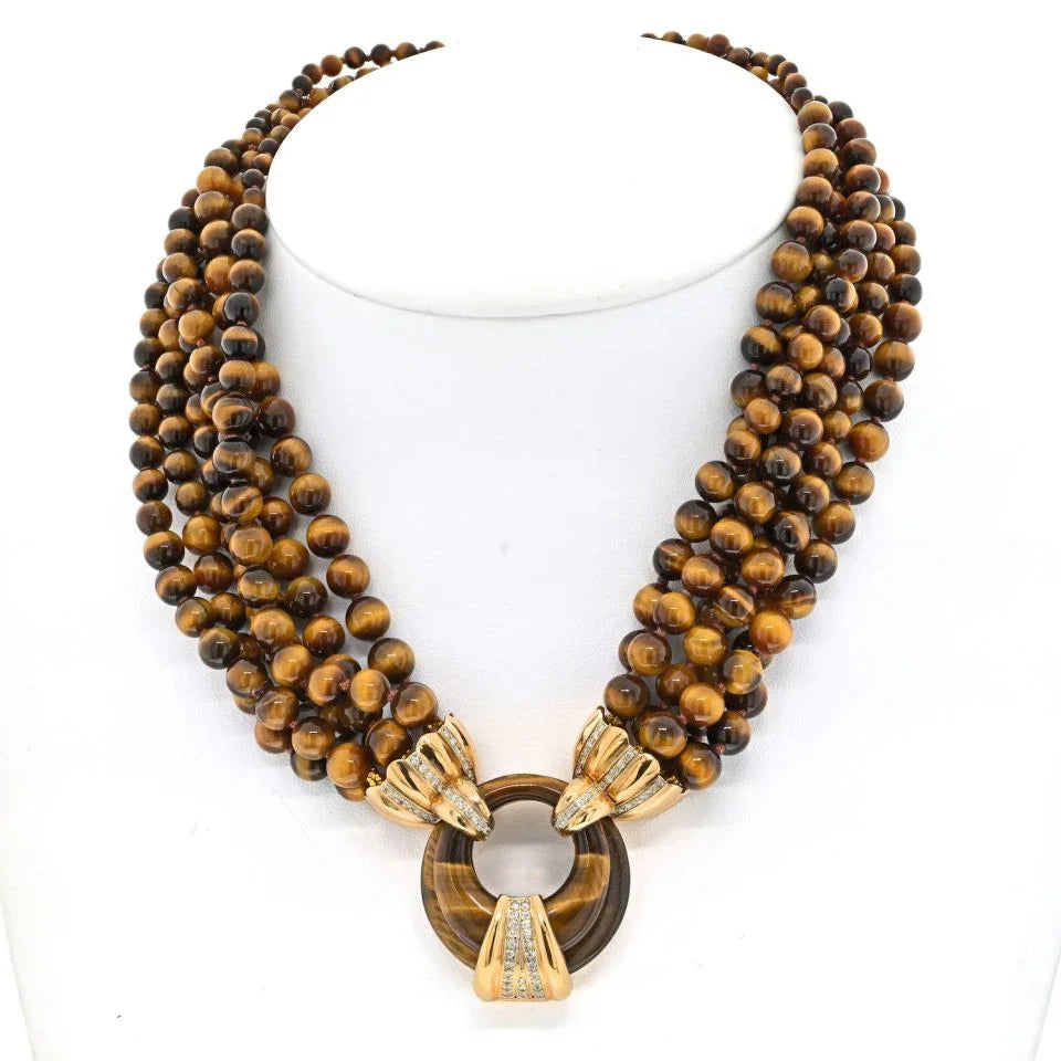 14K Yellow Gold Tiger Eye Multi-Strand Bead Diamond Necklace - The Back Vault