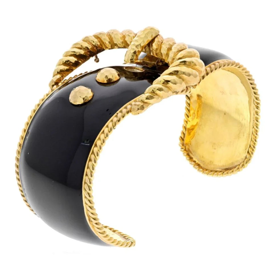 David Webb Platinum & 18K Yellow Gold Black Enamel Belt Motif Cuff Bracelet - The Back Vault