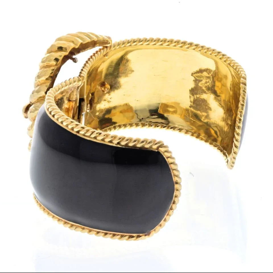 David Webb Platinum & 18K Yellow Gold Black Enamel Belt Motif Cuff Bracelet - The Back Vault