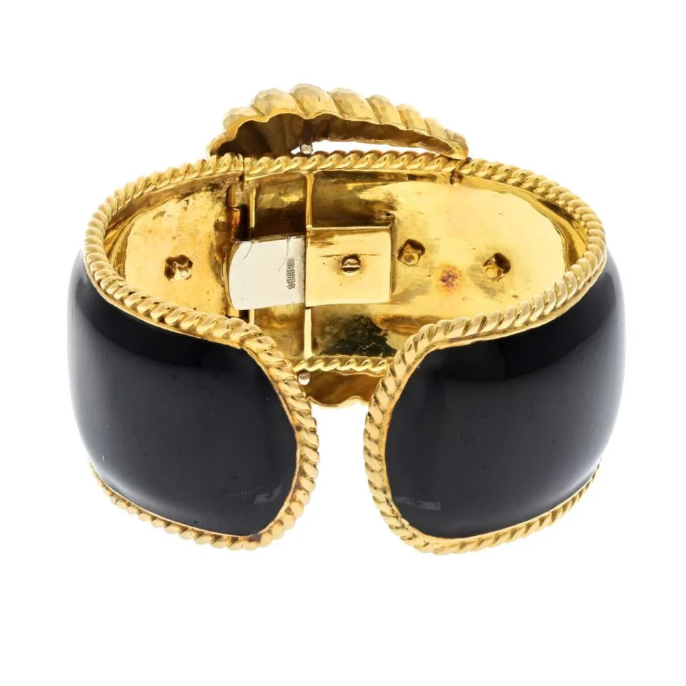 David Webb Platinum & 18K Yellow Gold Black Enamel Belt Motif Cuff Bracelet - The Back Vault