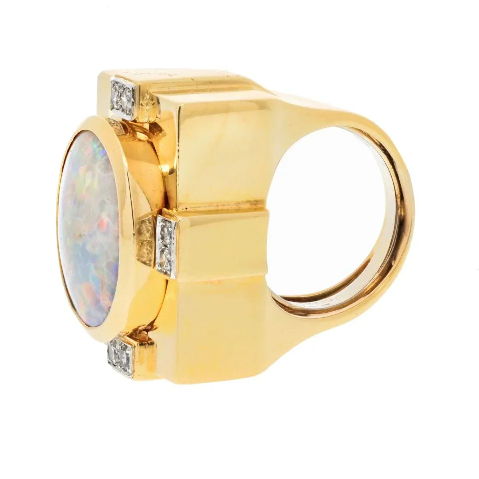 David Webb Platinum & 18K Yellow Gold Opal And Diamond Cocktail Ring - The Back Vault