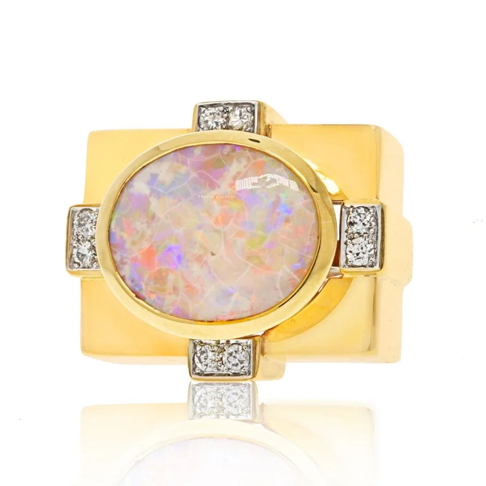 David Webb Platinum & 18K Yellow Gold Opal And Diamond Cocktail Ring - The Back Vault