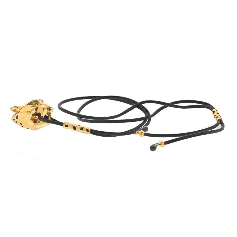 Cartier 18K Yellow Gold Panthere On A Black Cord Necklace - The Back Vault