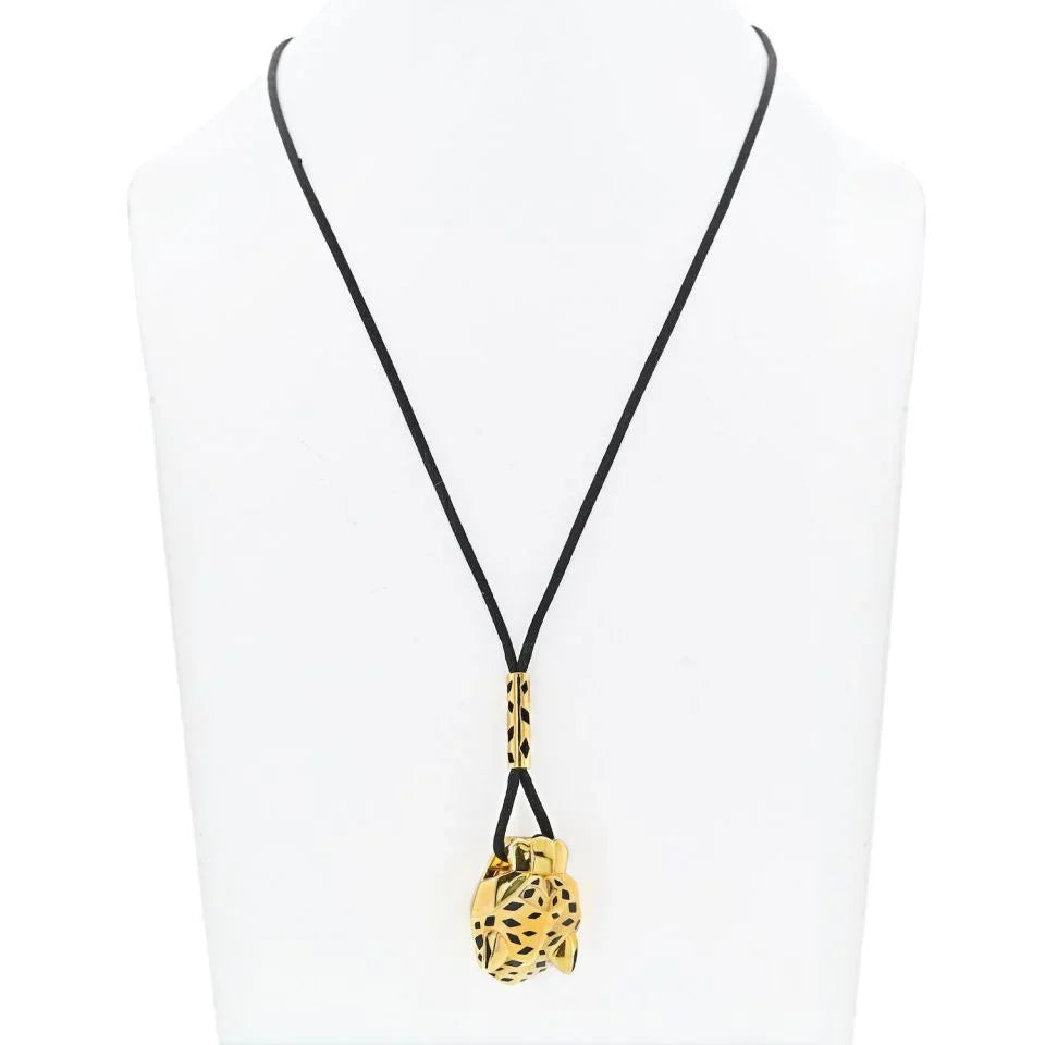 Cartier 18K Yellow Gold Panthere On A Black Cord Necklace - The Back Vault
