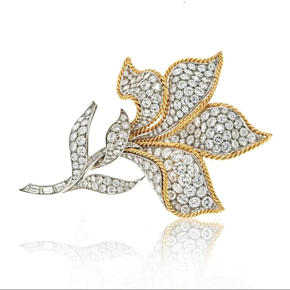 Platinum & 18K Yellow Gold 25.00cttw Diamond Flower Brooch - The Back Vault