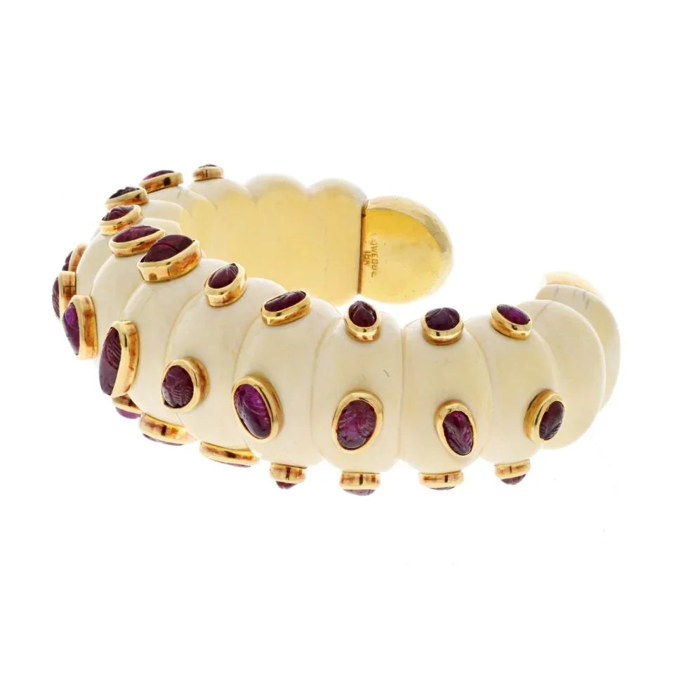 David Webb 18K Yellow Gold Cabochon Cut Ruby And Fluted Bone Cuff Bracelet - The Back Vault