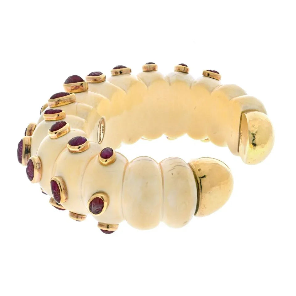 David Webb 18K Yellow Gold Cabochon Cut Ruby And Fluted Bone Cuff Bracelet - The Back Vault