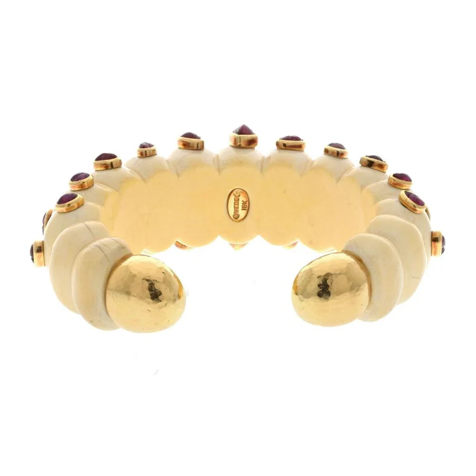 David Webb 18K Yellow Gold Cabochon Cut Ruby And Fluted Bone Cuff Bracelet - The Back Vault