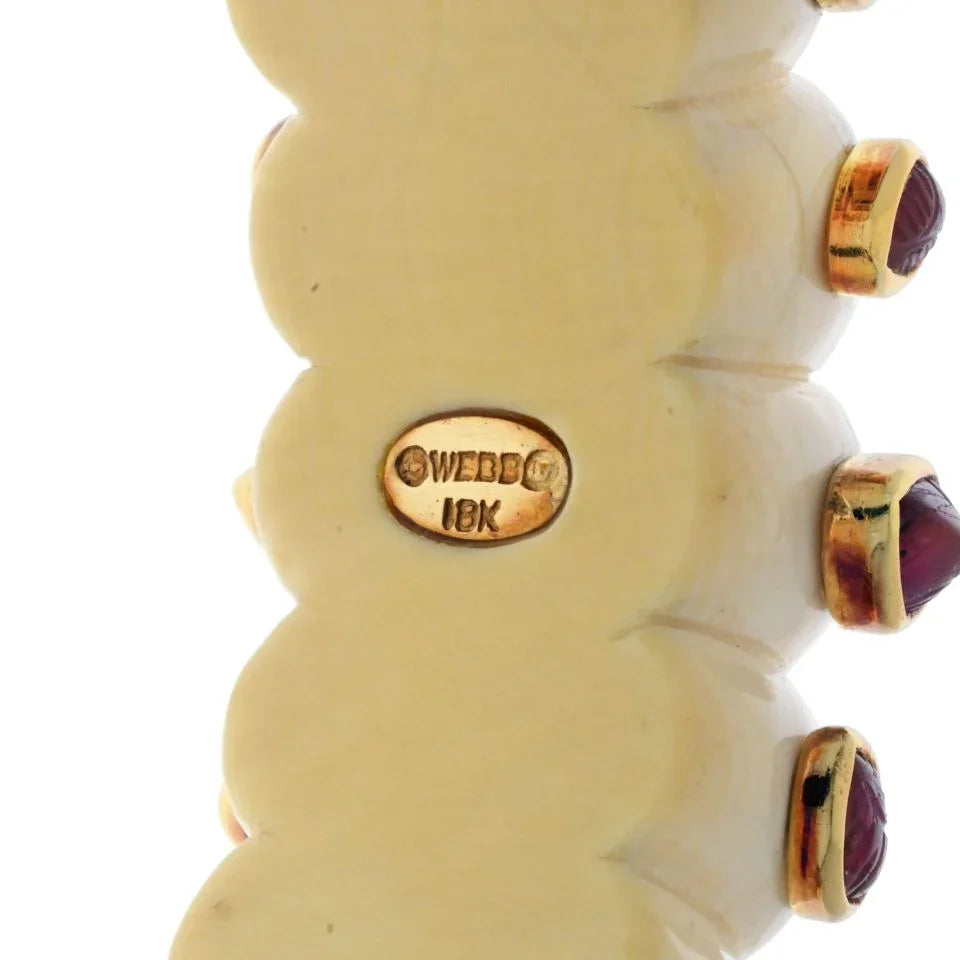 David Webb 18K Yellow Gold Cabochon Cut Ruby And Fluted Bone Cuff Bracelet - The Back Vault