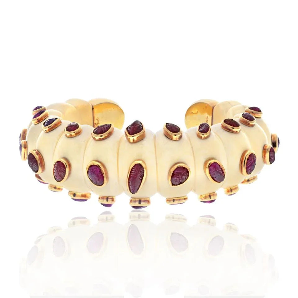 David Webb 18K Yellow Gold Cabochon Cut Ruby And Fluted Bone Cuff Bracelet - The Back Vault