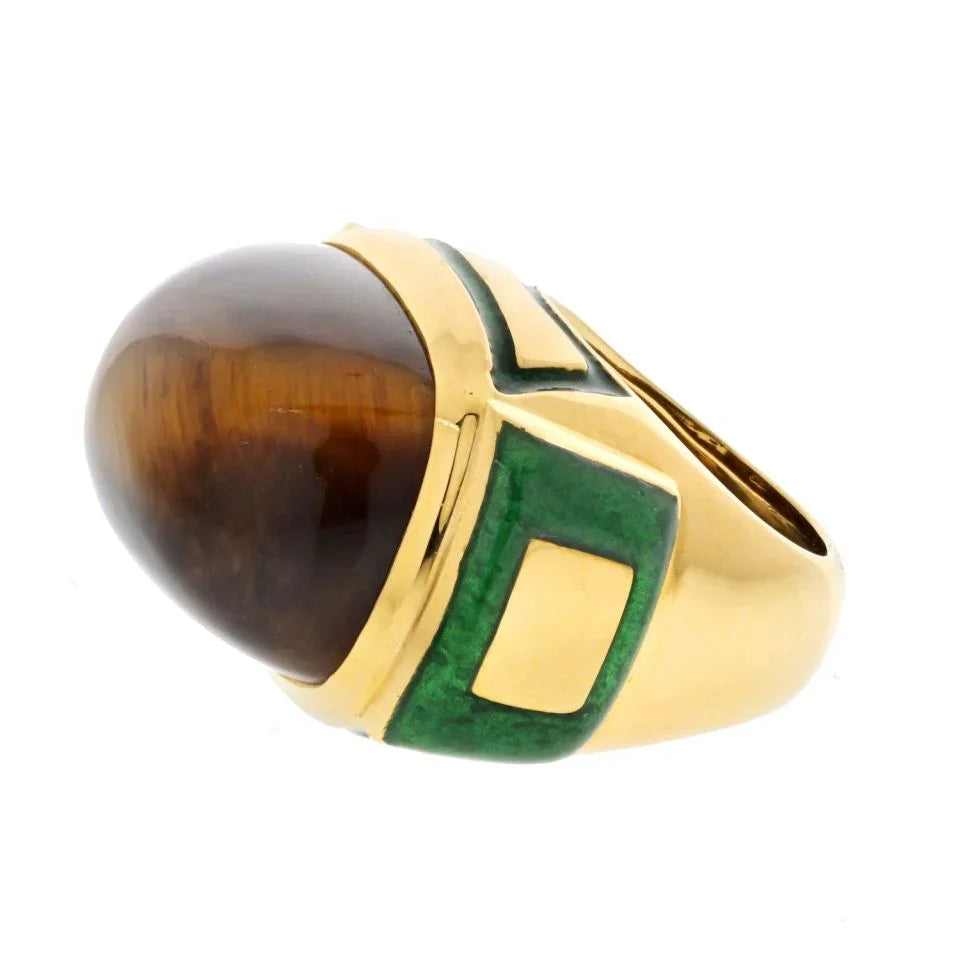 David Webb 18K Yellow Gold Tiger Eye High Polished Green Enamel Cocktail Ring - The Back Vault