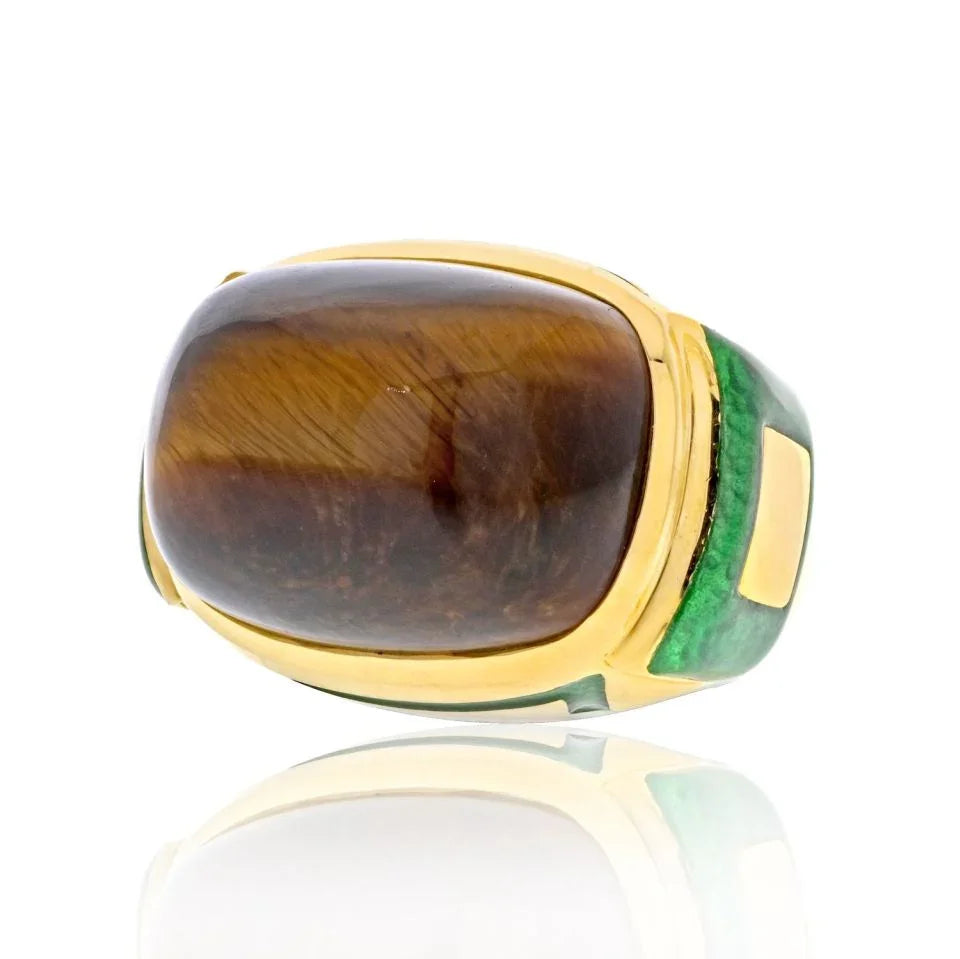 David Webb 18K Yellow Gold Tiger Eye High Polished Green Enamel Cocktail Ring - The Back Vault