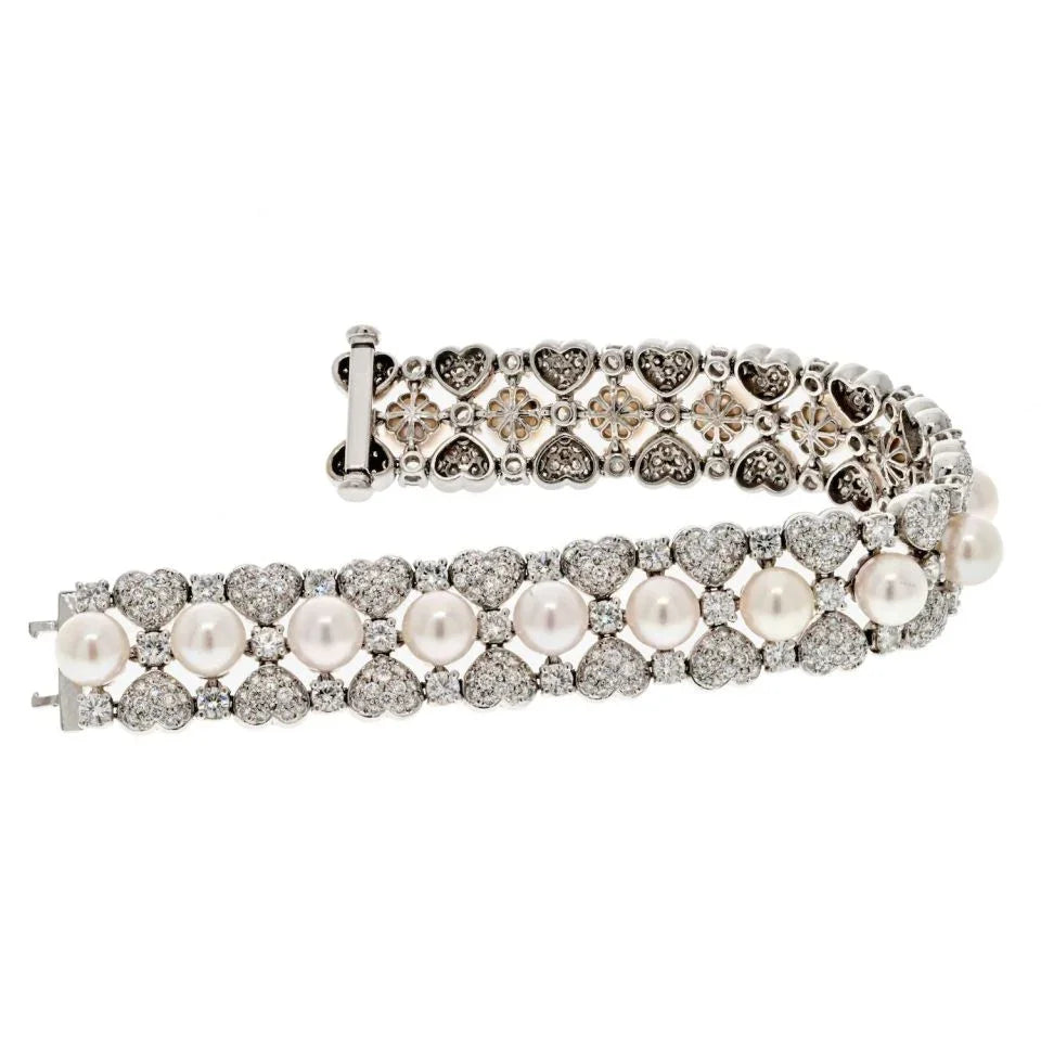 18K White Gold 15.00cttw Round Diamond And Pearl One Line Bracelet - The Back Vault