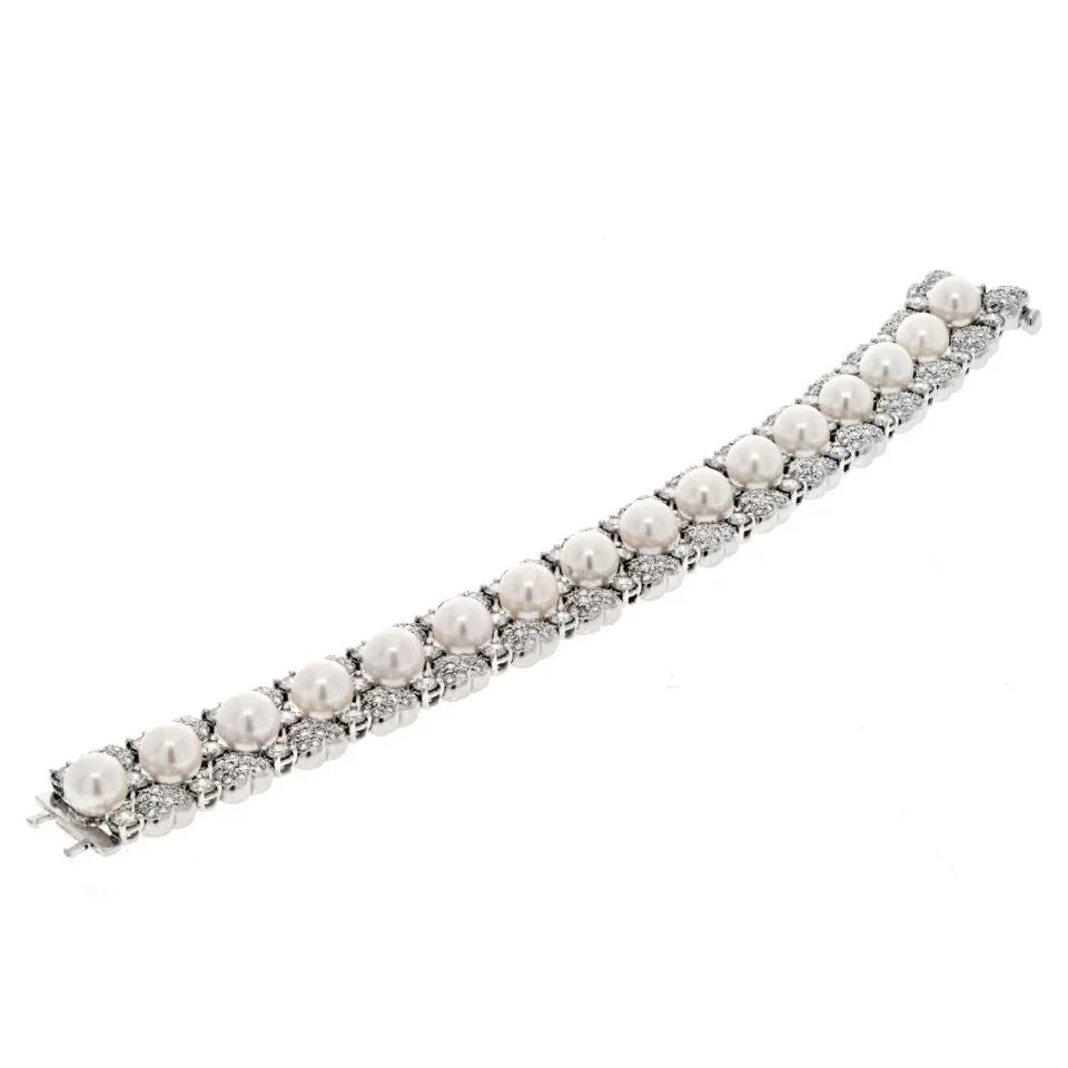 18K White Gold 15.00cttw Round Diamond And Pearl One Line Bracelet - The Back Vault