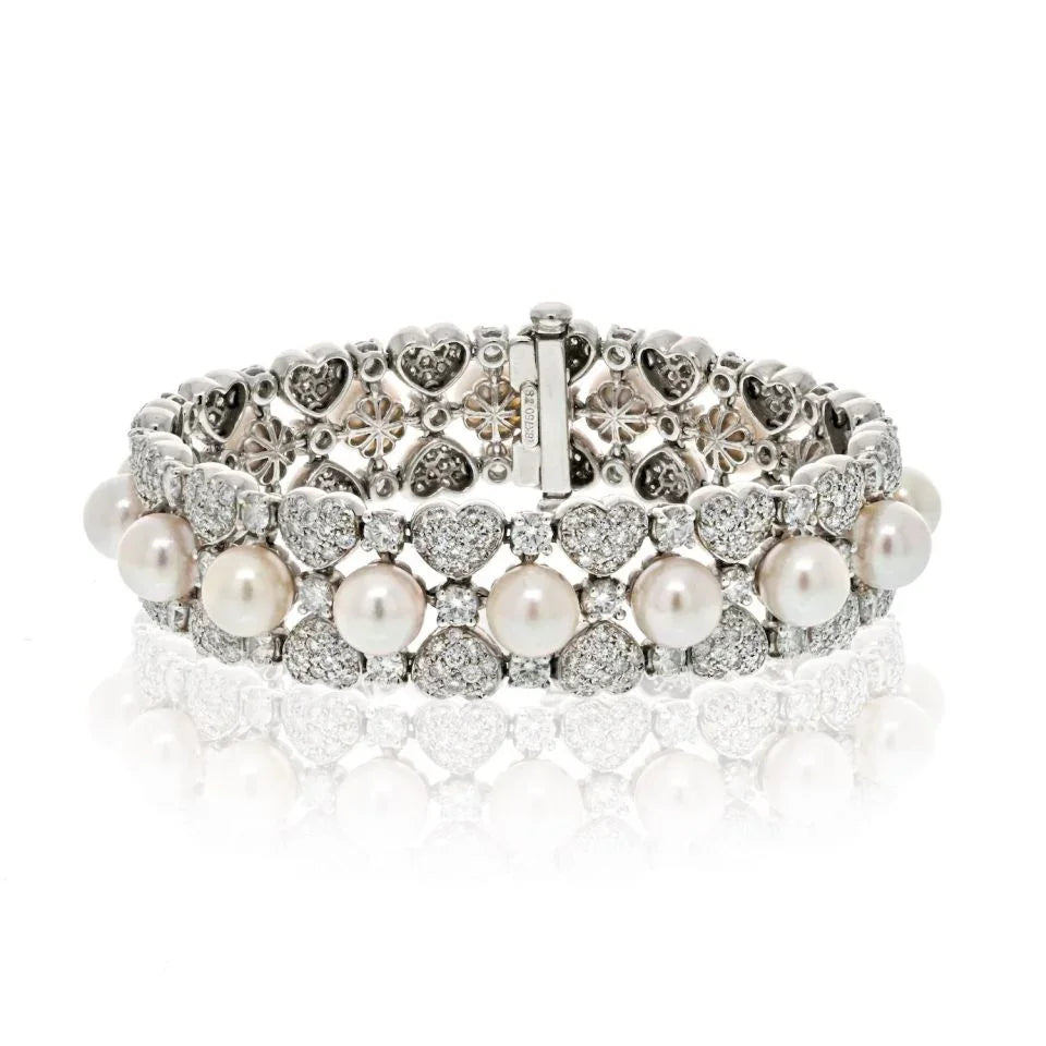 18K White Gold 15.00cttw Round Diamond And Pearl One Line Bracelet - The Back Vault