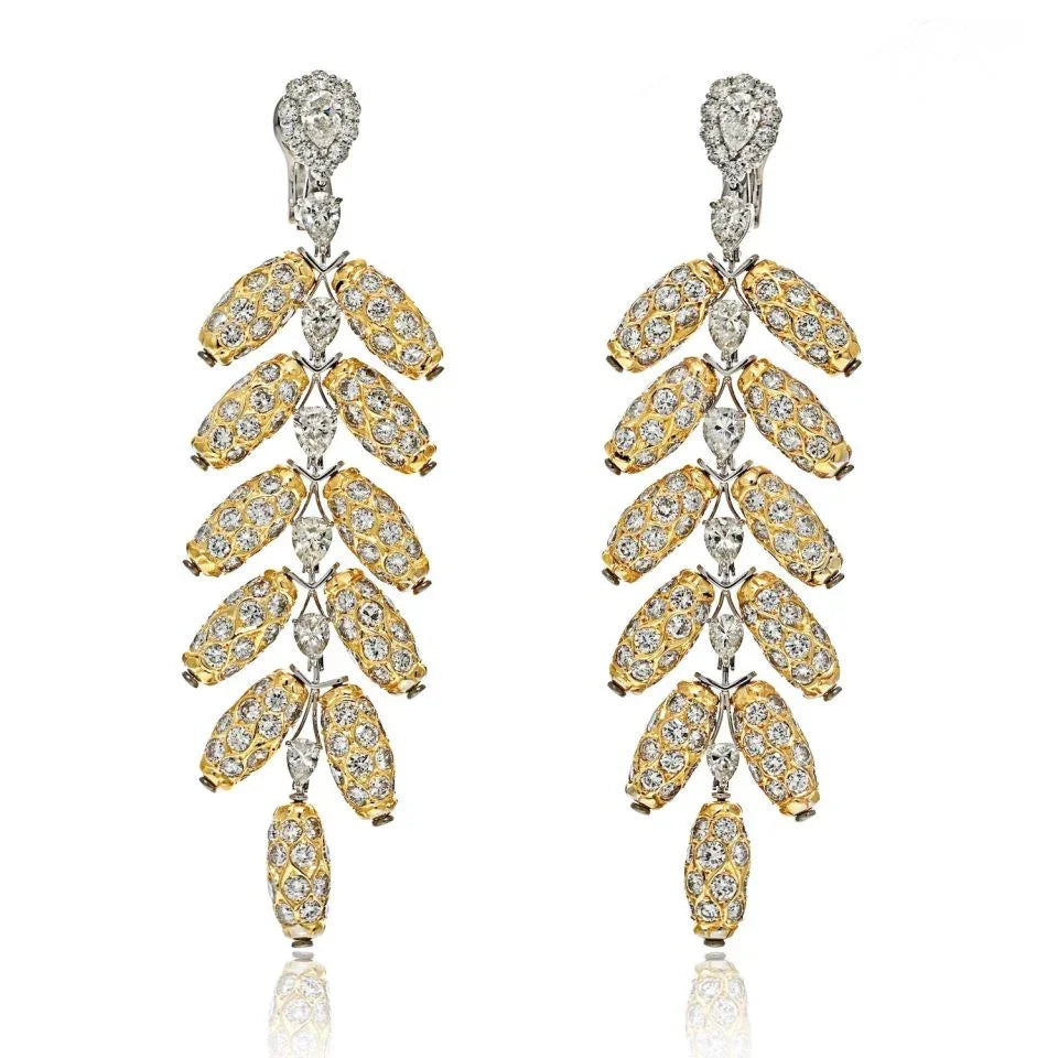 18K Two Tone 48.00cttw Diamond Feather Dangling Earrings - The Back Vault
