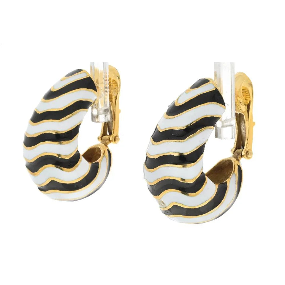 David Webb Platinum & 18K Yellow Gold Classic Zebra Black And White Stripe Enamel Earrings - The Back Vault