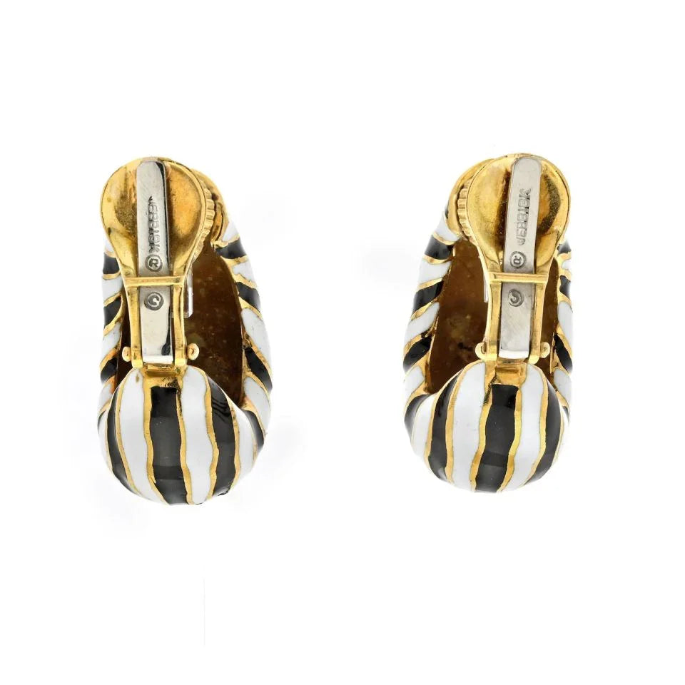 David Webb Platinum & 18K Yellow Gold Classic Zebra Black And White Stripe Enamel Earrings - The Back Vault