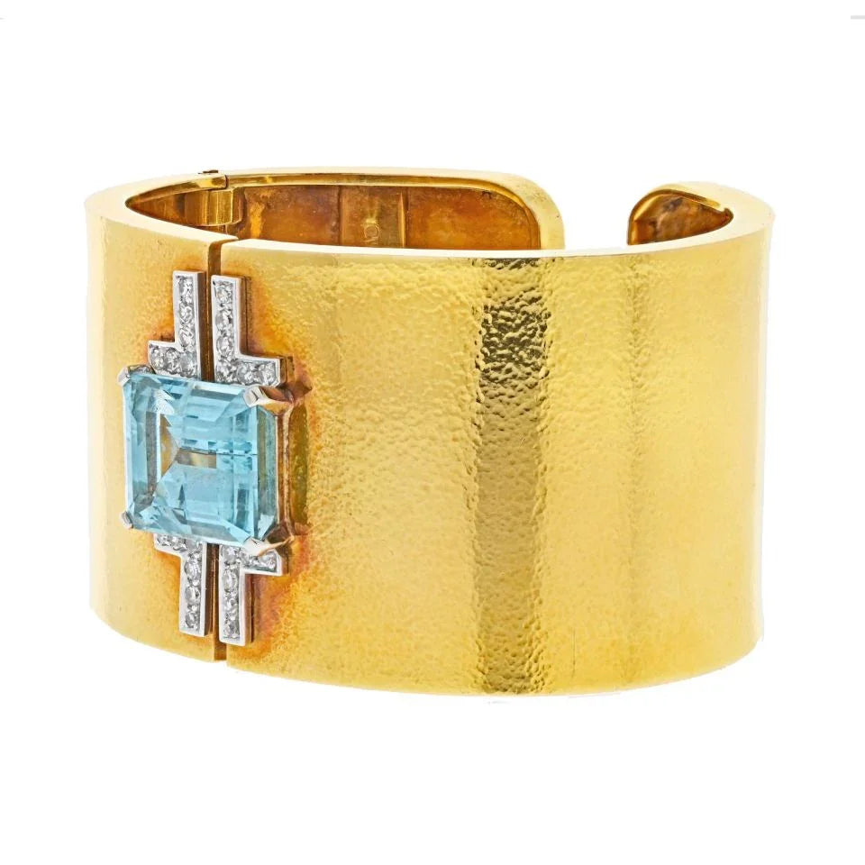 David Webb Platinum & 18K Yellow Gold Aquamarine And Diamond Hinged Cuff Bracelet - The Back Vault