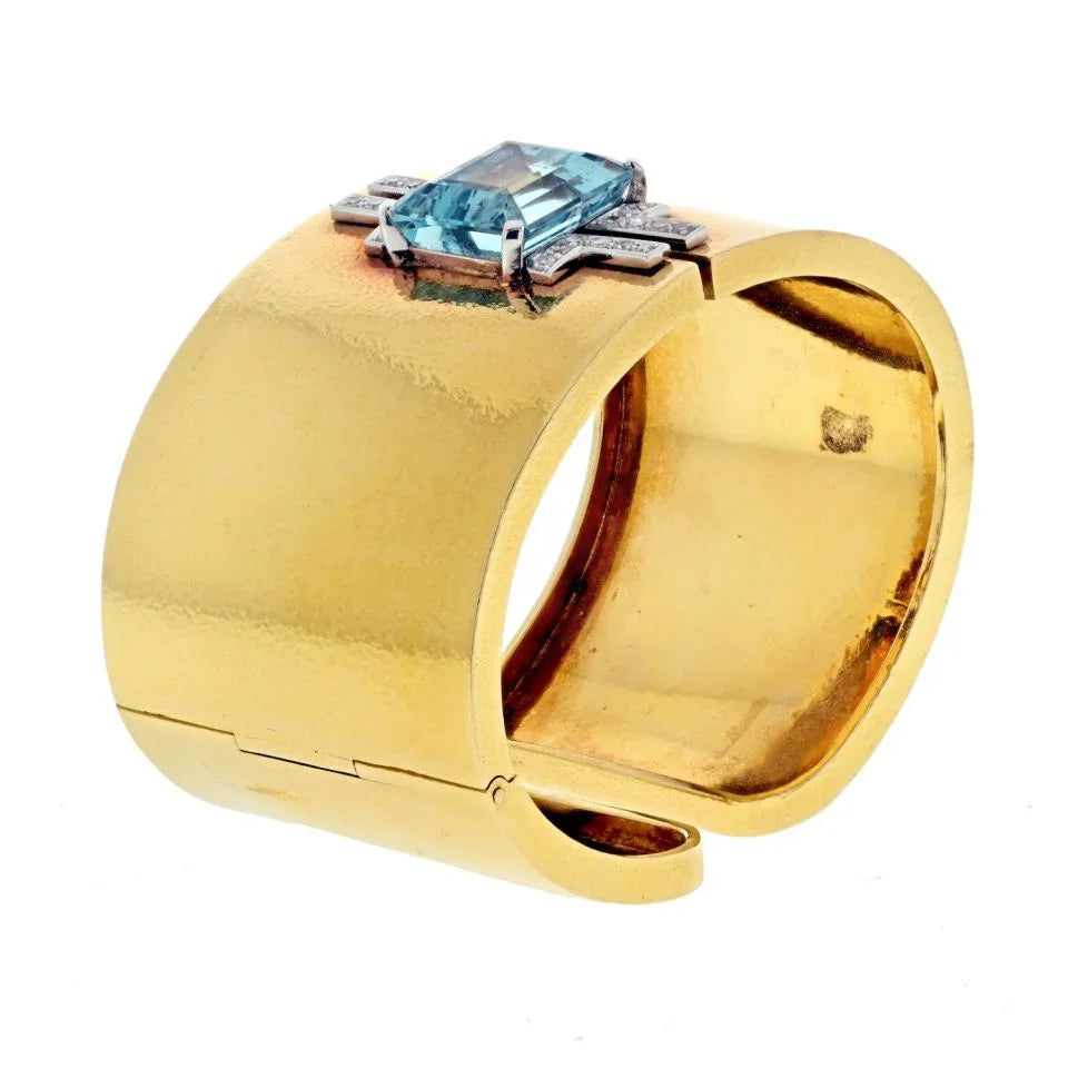 David Webb Platinum & 18K Yellow Gold Aquamarine And Diamond Hinged Cuff Bracelet - The Back Vault