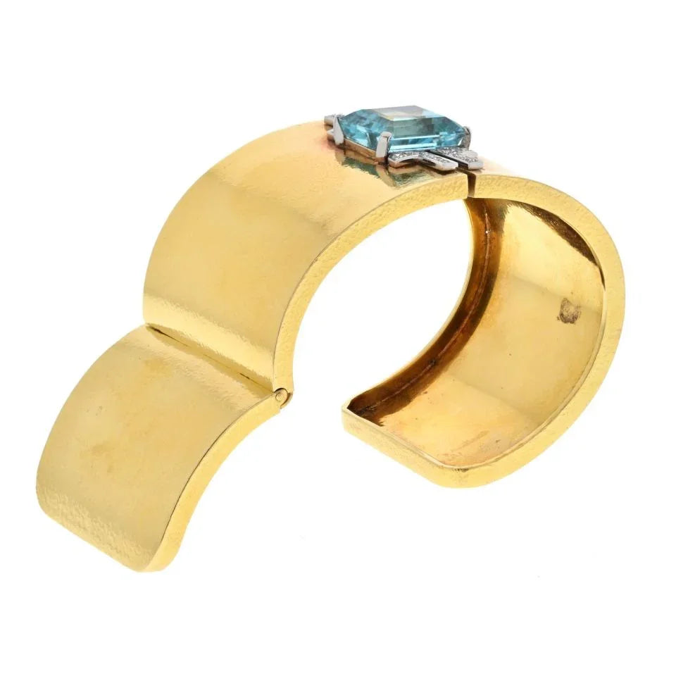 David Webb Platinum & 18K Yellow Gold Aquamarine And Diamond Hinged Cuff Bracelet - The Back Vault