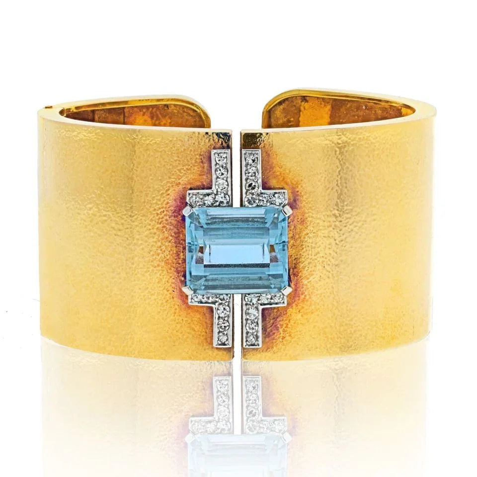 David Webb Platinum & 18K Yellow Gold Aquamarine And Diamond Hinged Cuff Bracelet - The Back Vault