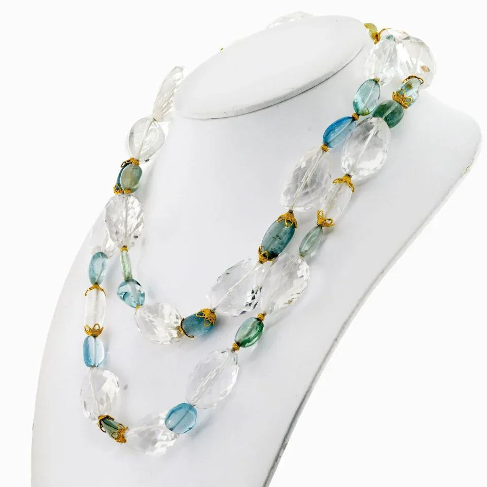 Verdura 18K Yellow Gold Aquamarine And Rock Crystal Checkerboard Finish Necklace - The Back Vault