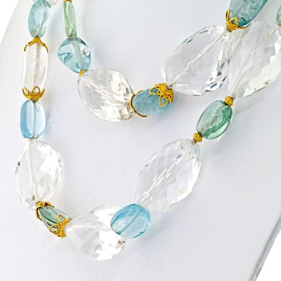 Verdura 18K Yellow Gold Aquamarine And Rock Crystal Checkerboard Finish Necklace - The Back Vault