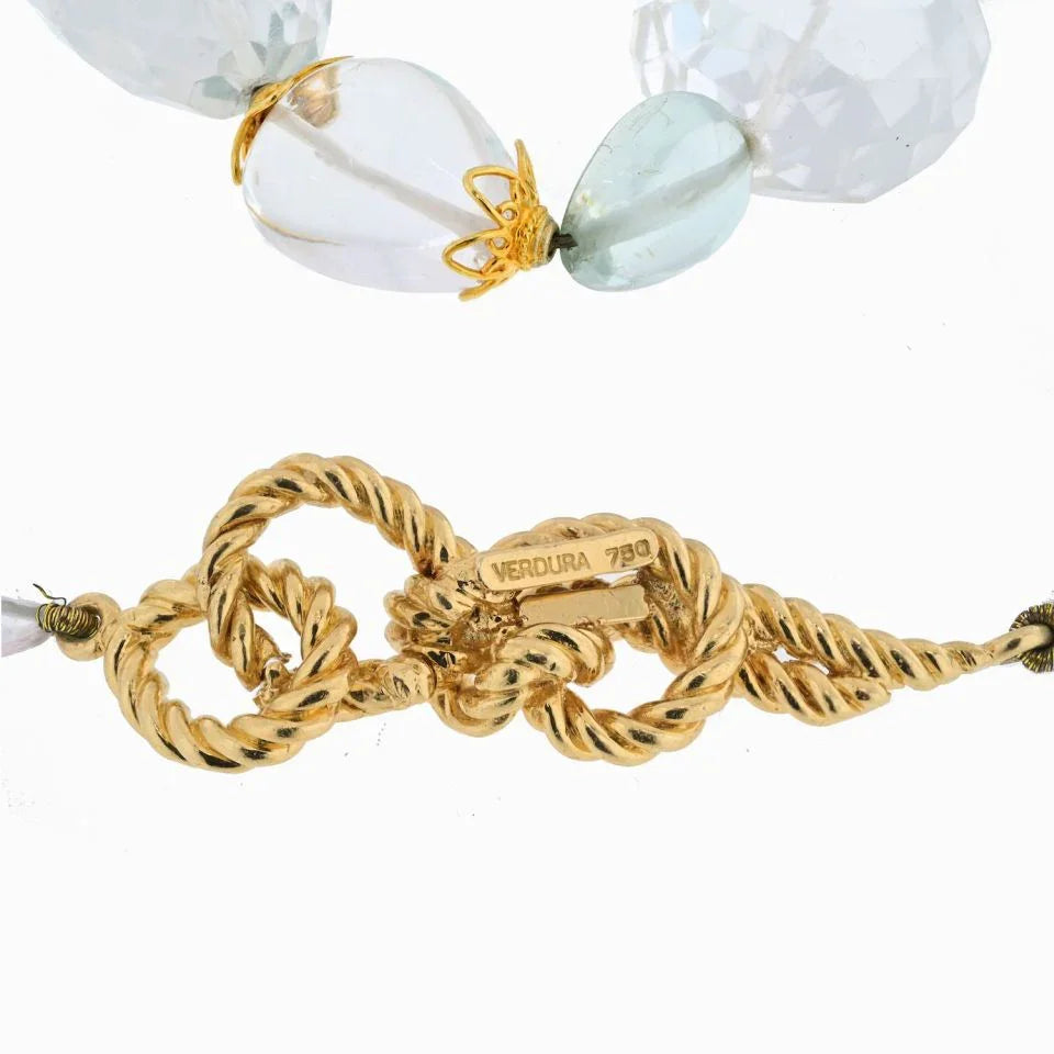Verdura 18K Yellow Gold Aquamarine And Rock Crystal Checkerboard Finish Necklace - The Back Vault