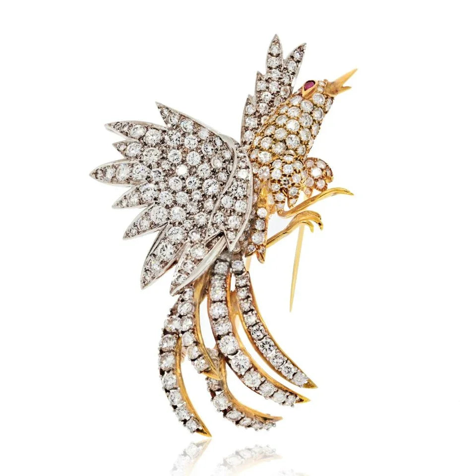 Platinum & 18K Yellow Gold 20 Carat Diamond Bird Brooch - The Back Vault