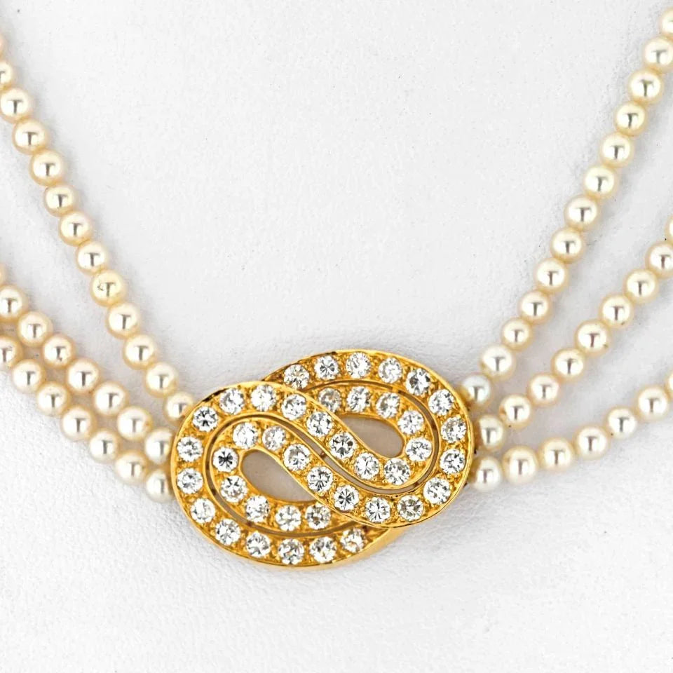 Van Cleef & Arpels 18K Yellow Gold Multistrand Pearl Diamond Necklace - The Back Vault