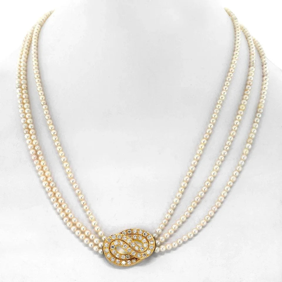 Van Cleef & Arpels 18K Yellow Gold Multistrand Pearl Diamond Necklace - The Back Vault