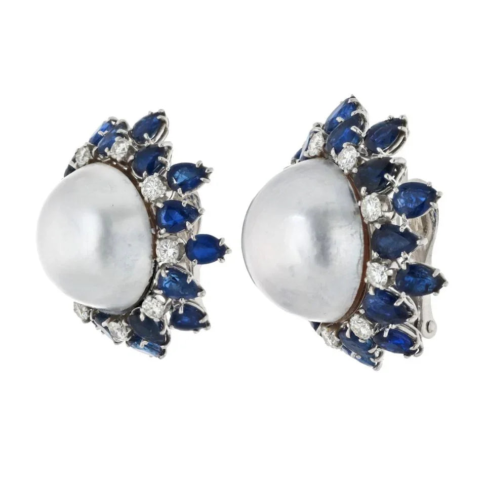 David Webb Platinum & 18K White Gold Sapphire, Diamond, Pearl Earrings - The Back Vault